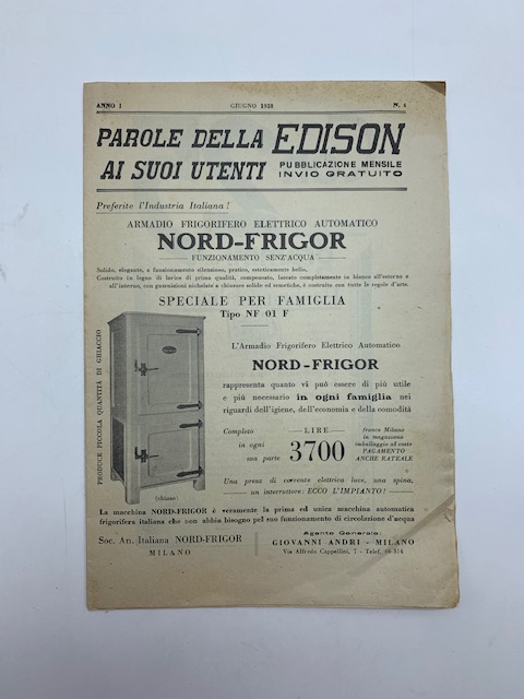 Parole della Edison ai suoi utenti. Pubblicazione mensile. Armadio frigorifero elettrico automatico Nord-Frigor